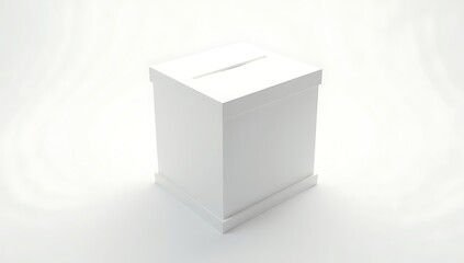 A simple 3D render of a white ballot box with a slot, casting no shadow beneath it, symbolizing lost democracy, hidden influence, or voter suppression — placed in a stark white void.

