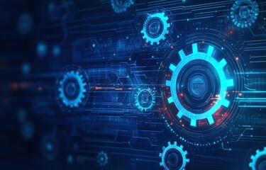 Obraz premium Digital gears and circuits on dark blue background