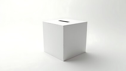 A simple 3D render of a white ballot box with a slot, casting no shadow beneath it, symbolizing lost democracy, hidden influence, or voter suppression — placed in a stark white void.

