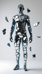 A simple 3D render of a human silhouette made entirely from reflective mirror shards, some floating apart mid-air, symbolizing broken identity and self-reflection, placed on a clean white background.
