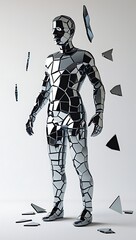 A simple 3D render of a human silhouette made entirely from reflective mirror shards, some floating apart mid-air, symbolizing broken identity and self-reflection, placed on a clean white background.
