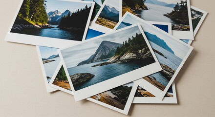 Stacked Polaroid Prints: Majestic Mountain Landscapes and Serene Waterscapes