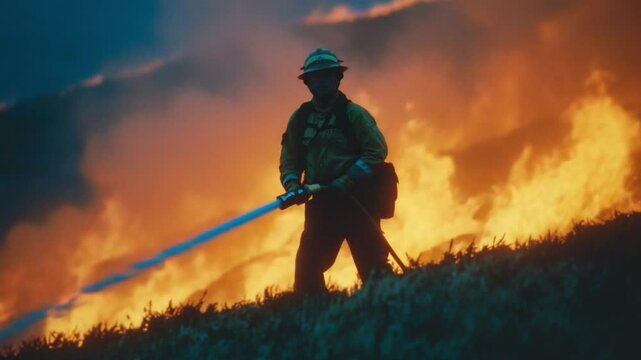 Courage in the Flames: A valiant firefighter fearlessly battles raging wildfires, dousing the flames with a powerful water stream, a symbol of resilience against nature's wrath.
