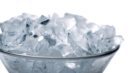 Clear ice cubes in a glass bowl, perfect for cooling beverages. transparent background