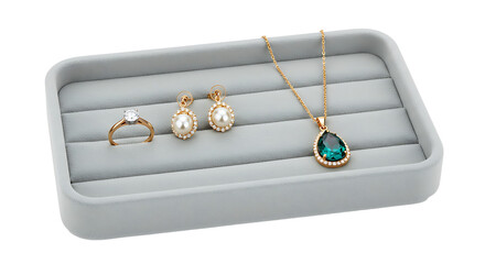 Elegant jewelry display on gray tray