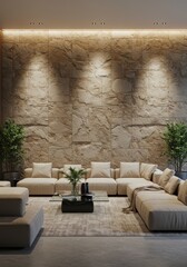 Living room with stone wall and modular sofa under recessed lighting and potted plants on the sides