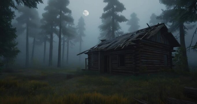 Foggy forest scene with a dilapidated log cabin