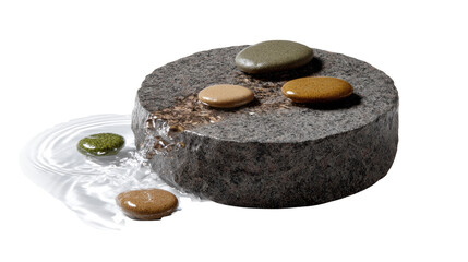 Serene Stone Harmony: A minimalist, meditative scene showcases smooth, colorful stones arranged atop a textured, dark stone, evoking tranquility, balance, and the natural world. 