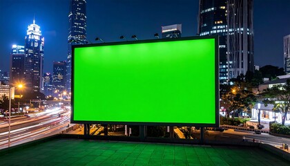 Empty green screen billboard at night