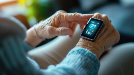Elderly woman interacting with a cutting-edge smartwatch showcasing digital interface
