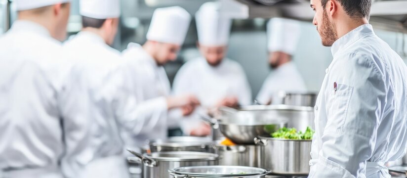 Professional chefs in a bustling restaurant kitchen preparing culinary masterpieces