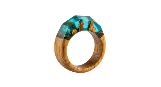 Teal resin inlaid wooden ring