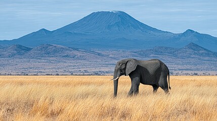 Majestic elephant in a vast grassy plain against a backdrop of volcanic mountains.