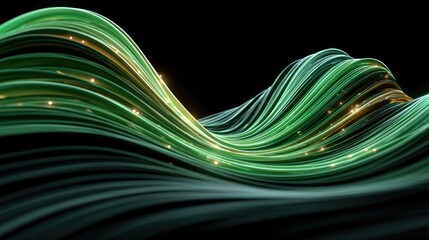 Organic green flowing abstract lines for wallpaper or tech design, natural wave pattern background representing motion, growth, and sustainability