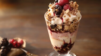 Delicious berry and granola parfait with layers of creamy yogurt for breakfast