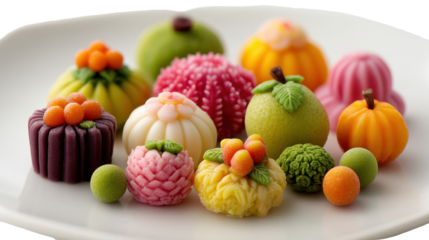 Colorful and intricate desserts displayed on a white plate. transparent background