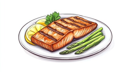 Grilled salmon steak with asparagus, lemon and parsley on a white plate