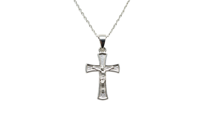Small silver cross pendant against white background
