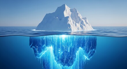 An iceberg drifts in the ocean, symbolizing technology with circuit patterns beneath the surface of the water