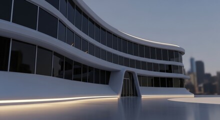 Sleek Futuristic Curved Building with White Facade and Illuminated Base Reflected on Ground Against Blurred City Skyline