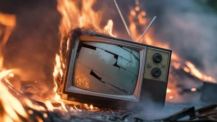 Obsolete television set burning in a fire outdoor daytime scene - Powered by Adobe