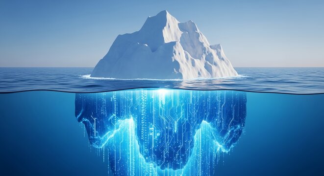 An iceberg drifts in the ocean, symbolizing technology with circuit patterns beneath the surface of the water