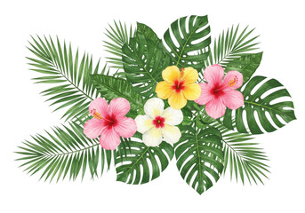 Obraz premium Tropical hibiscus flowers and palm leaves isolated on transparent background