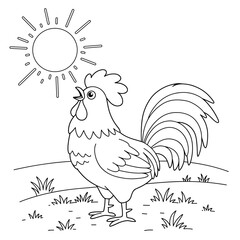 A rooster stands proudly on a grassy patch, crowing beneath the morning sun, with its tail feathers raised and rays radiating in the background, illustrated in black-and-white line art.