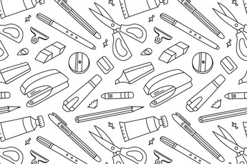 Seamless black and white pattern in outline style with school and office stationery. Flat vector illustration with pens, pencils, scissors, erasers, sharpeners. Back to school, education, supplies