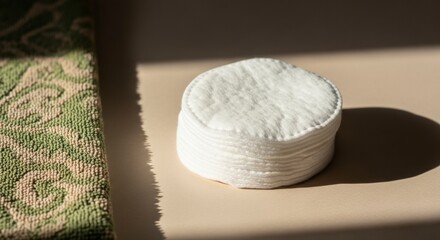Stack of Clean Round White Cotton Pads on Beige Surface with Natural Sunlight Casting Shadows Perfect for Skincare and Beauty Routines