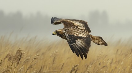 A majestic raptor soars above a field of golden grasses in natural scenery
