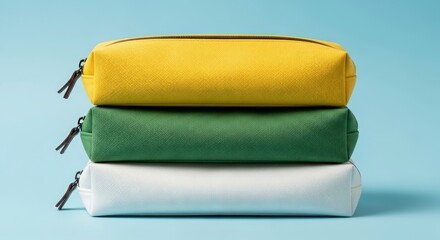 Stacked Yellow Green and White Pencil Cases Neatly Arranged on a Light Blue Background