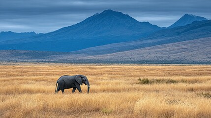 Single elephant in a vast golden grassland landscape with mountains in the background.