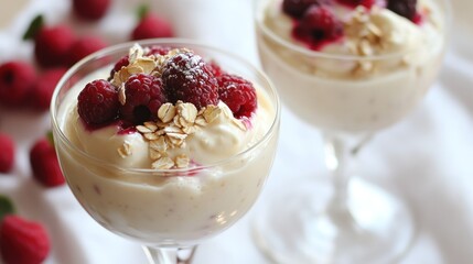 Refreshing Raspberry Yogurt Parfaits Garnished with Oats in Elegant Glassware