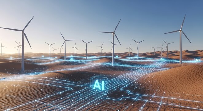 Wind turbines generate renewable energy with artificial intelligence technology in the desert landscape, providing a sustainable solution. - Powered by Adobe