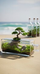 Tranquil Green Bonsai Tree in Clear Glass Bottle on Sandy Beach with Ocean Background