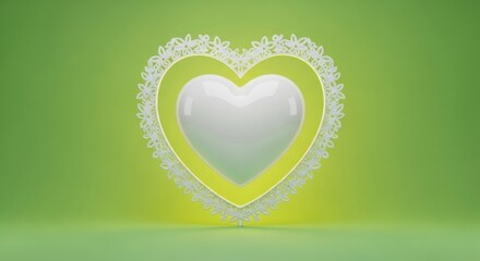 White Glossy Heart with Delicate Floral Frame on Soft Green Gradient Background