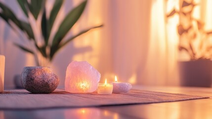 Serene ambiance with Himalayan salt lamp, candles and houseplant for peaceful living