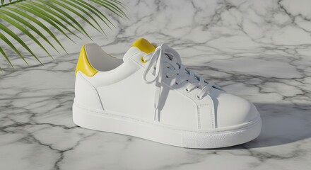 White Sneaker with Yellow Detail Resting on Marble Surface