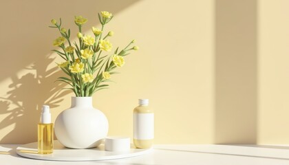 Yellow Flowers and Beauty Bottles on White Tray with Sunny Shadow on Pale Yellow Wall