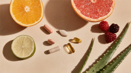 closeup of natural vitamins and supplements on clean background highlighting their benefits for skin health