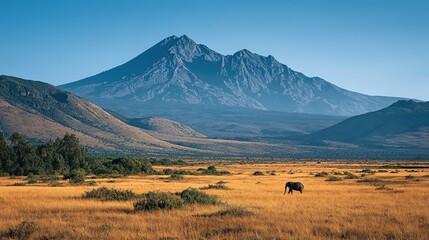 Elephant in a golden savanna landscape against a mountain range.