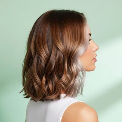 Young Woman Profile View with Wavy Brown Hair and Blonde Highlights Against Soft Green Background