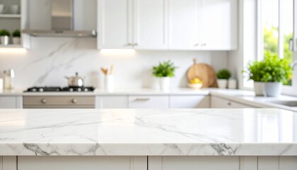 Empty marble tabletop in a blurred modern kitchen for product placement