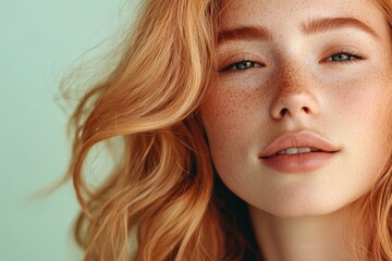 Naklejka premium Close-up portrait of a woman with auburn hair and freckles.