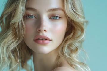 Naklejka premium Close-up portrait of a woman with light blonde curly hair and flawless skin.