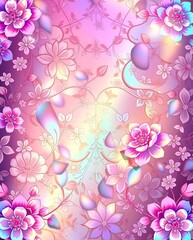 Floral tapestry in dreamy pastels with stylized blooms and iridescent accents