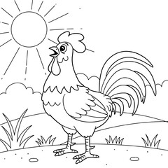 A proud rooster stands on a grassy hill, crowing beneath the bright morning sun, with lush plants around and soft clouds floating in the sky, all illustrated in clean black-and-white line art.