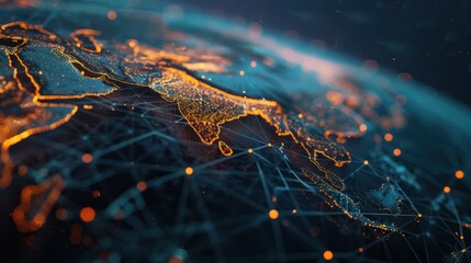 Futuristic render of interconnected continents with digital connection points.