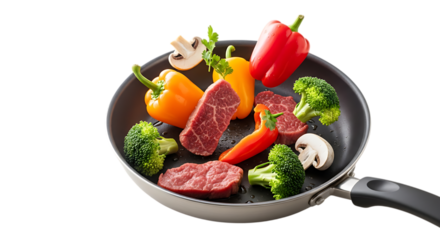 Raw steak and colorful vegetables in frying pan beef